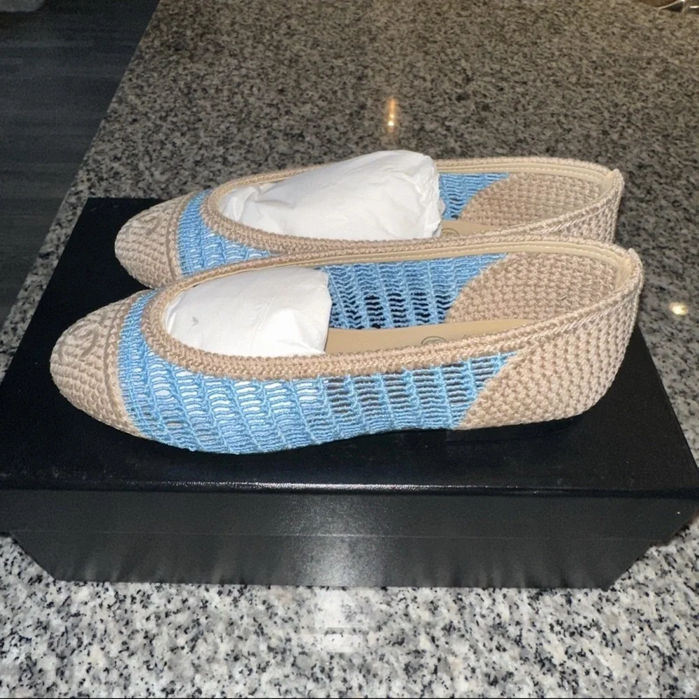 CHANEL 25P CC Raffia Crochet Woven Two Tone Cap Toe Ballerina Ballet Flat Shoes